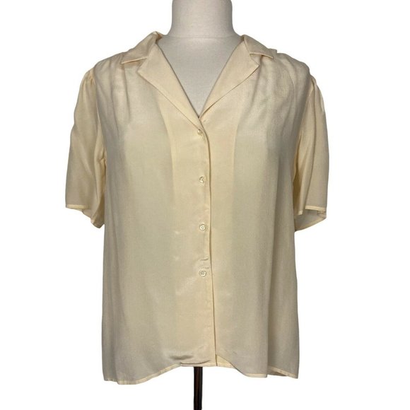Kenar Tops - Vintage Kenar Silk Blouse Womens 12 Pale Yellow Short Sleeve 90s Secretary
